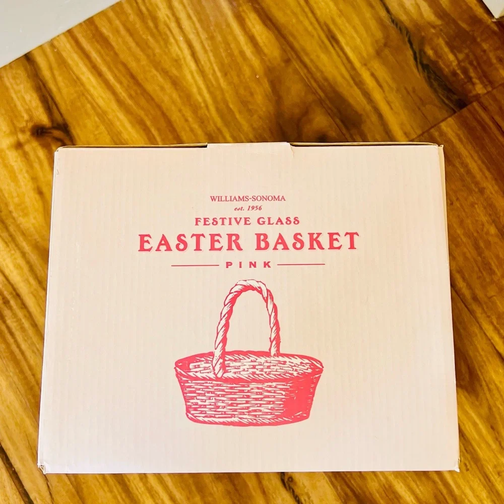 Williams-Sonoma Pink Embossed Glass Woven Easter Basket Round 7” Clear Handle